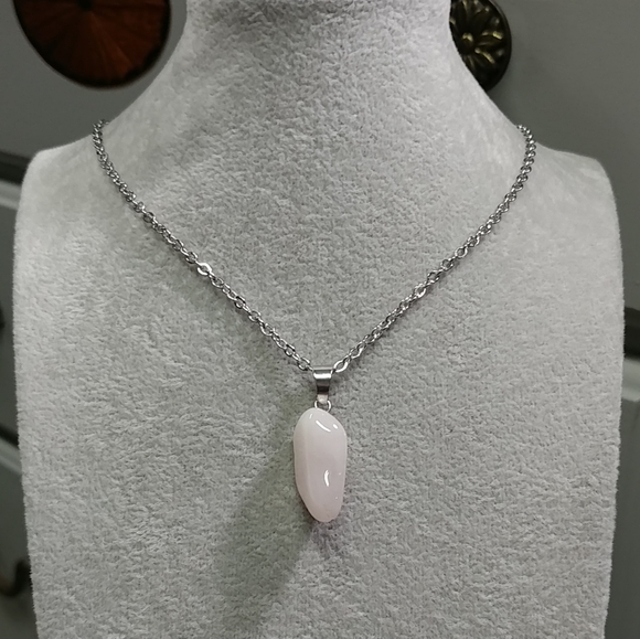 Rose Quartz Necklace Natural Gemstone Pink Crystal Pendant Stainless-Steel Chain - Picture 6 of 17